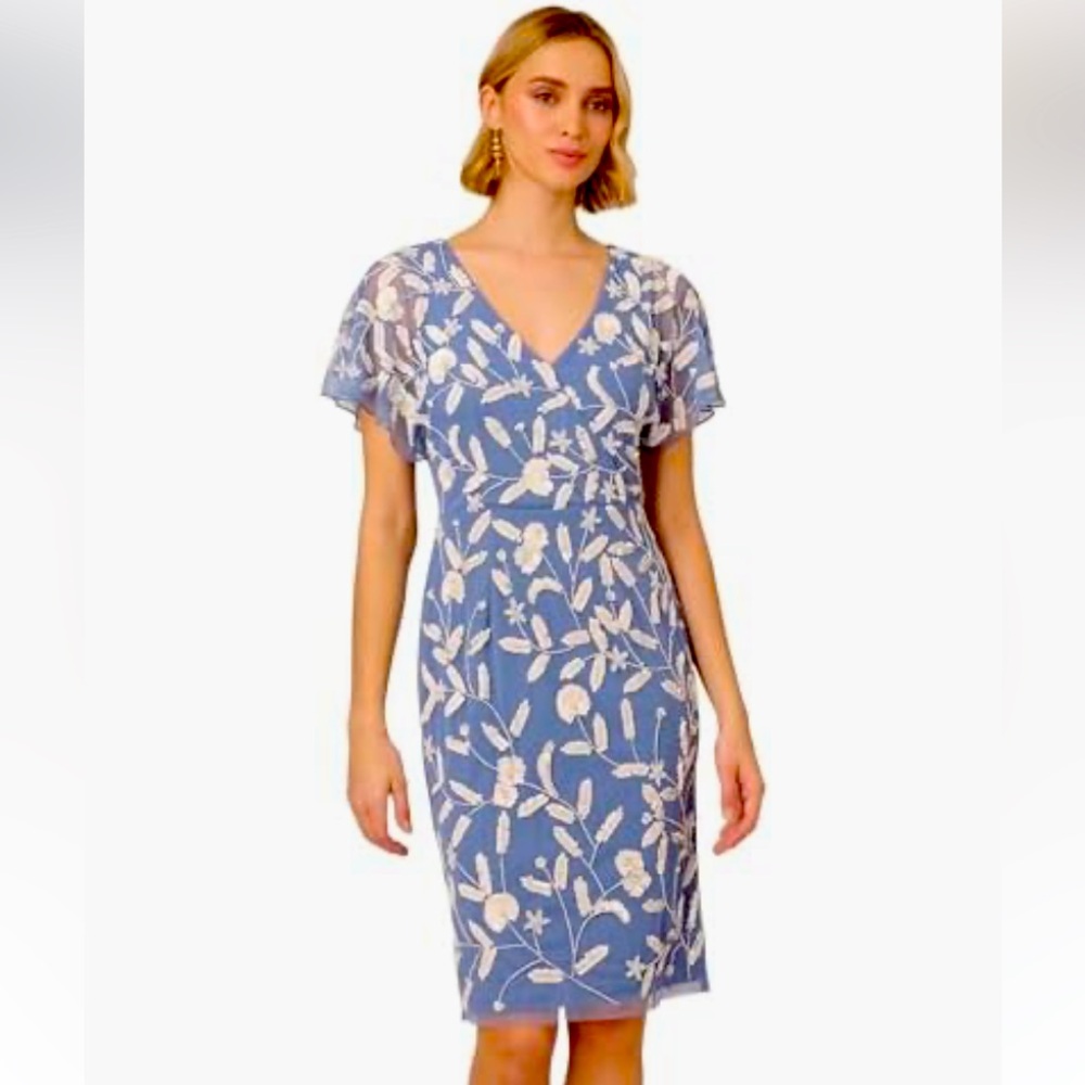 NWT Adrianna Papell Women's BEADED MESH DRESS floral sequined Dress size 2